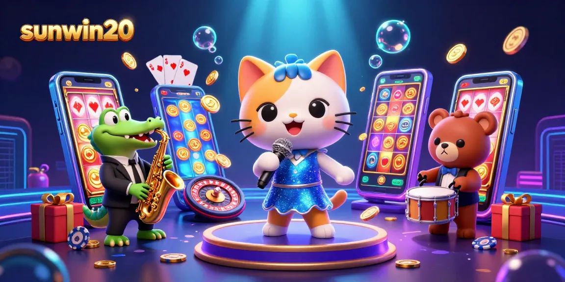 Engage with sunwin20 in a vibrant casino scene featuring a jazz-singer cat, a saxophone crocodile, and a drum-playing bear, surrounded by dynamic gaming elements.