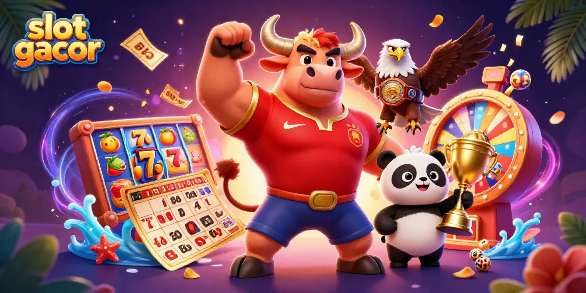 Experience winning moments with slot gacor, showcasing a bull mascot, eagle, and panda in a vibrant casino scene.