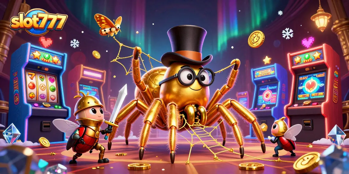 Slot777 menghadirkan tarantula emas dan ksatria kecil dalam suasana kasino yang megah.