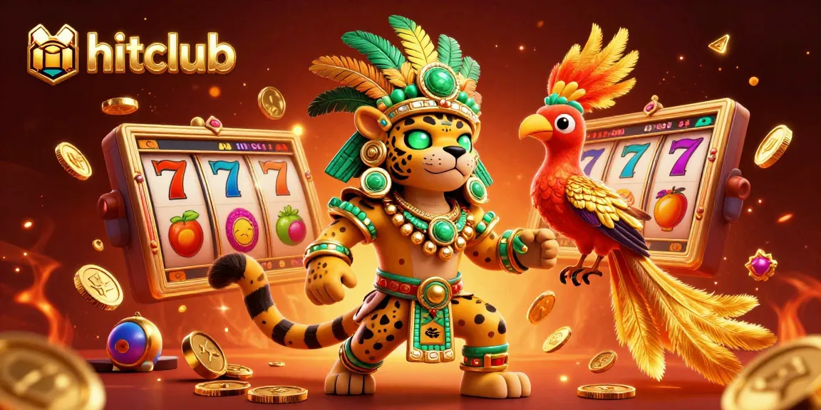 Spin the reels at Hitclub, featuring a Mayan jaguar priest and vibrant slot symbols in a rich casino scene.