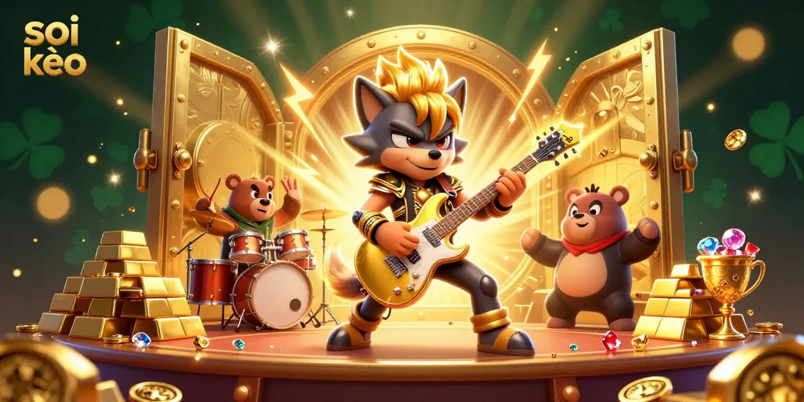 Watch the thrilling soi kèo action with a rock star wolf and drummer bear in a dynamic casino stage scene.