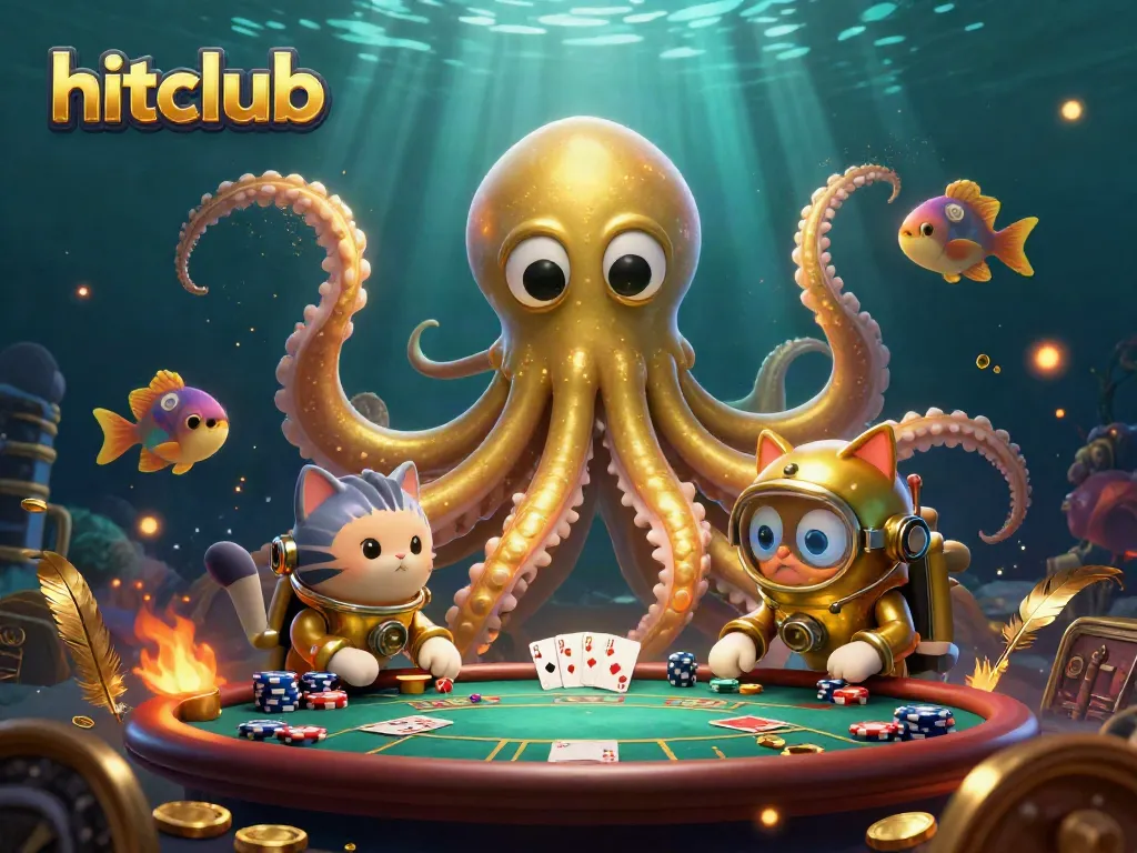 Join the thrill of hitclub with a colossal kraken, diving cat, and deep-sea fish at a vibrant poker table!