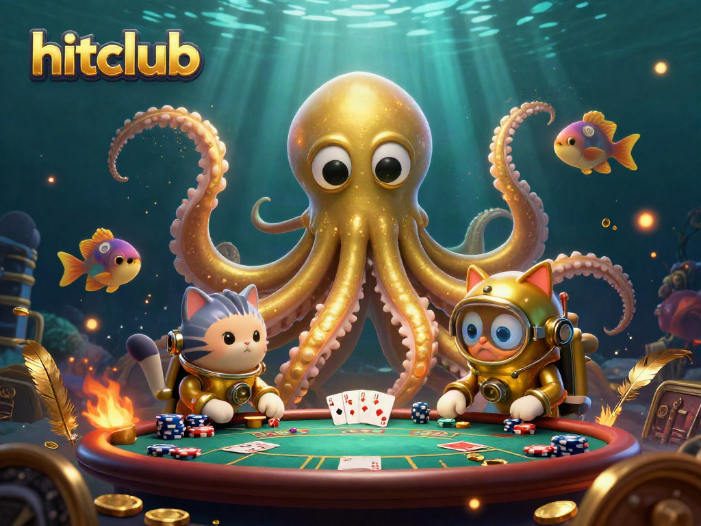 Join the thrill of hitclub with a colossal kraken, diving cat, and deep-sea fish at a vibrant poker table!
