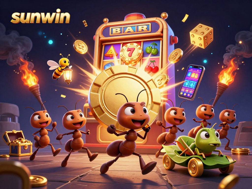 Sunwin showcases a 3D heist scene with ants and vibrant casino elements, highlighting excitement.