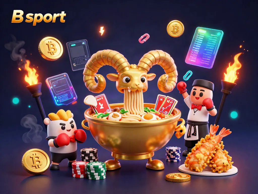 Bsport illustrates a vibrant casino experience with a ramen bowl dealer and crypto elements.