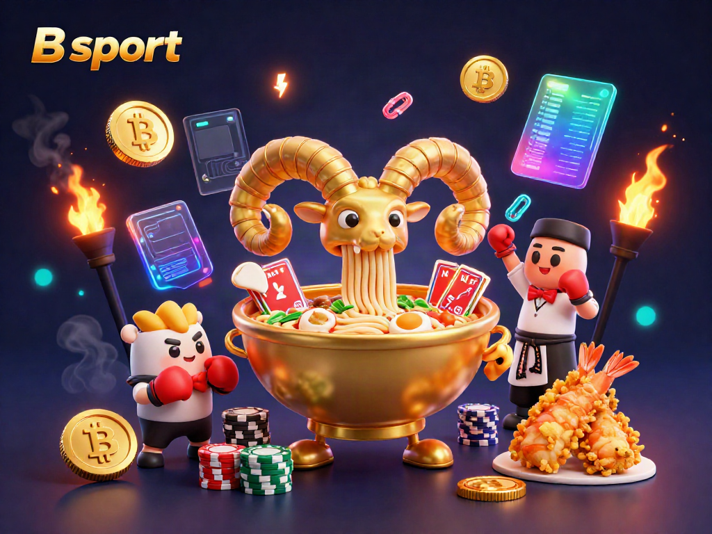 Bsport illustrates a vibrant casino experience with a ramen bowl dealer and crypto elements.