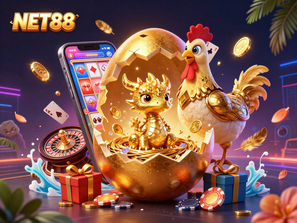 NET88 offers exciting gaming experiences with a golden dragon amidst colorful slot games and casino elements.