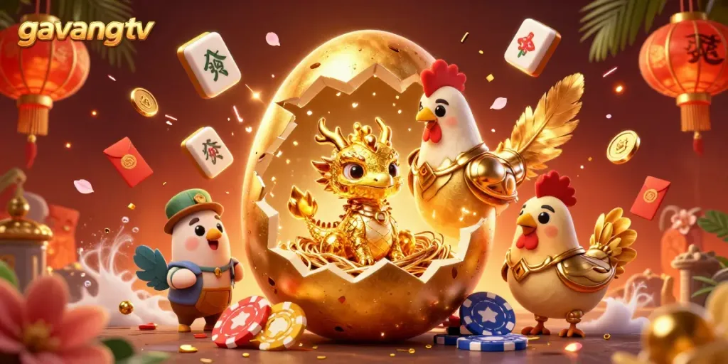Engage with gavangtv, showcasing the magical scene of a golden dragon hatched from a colossal egg amidst poker chips and festive decorations.
