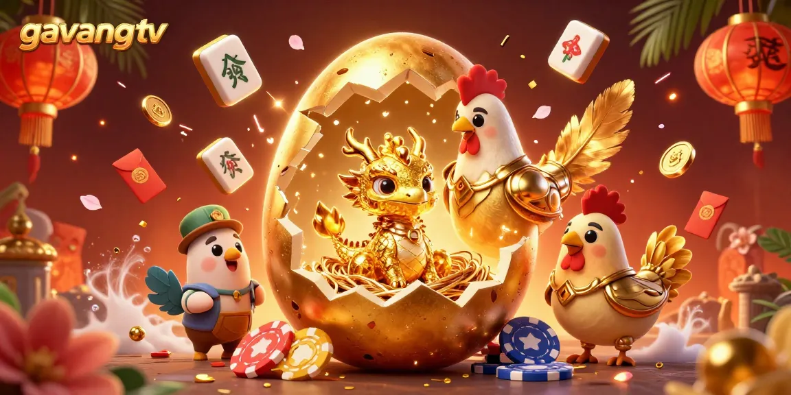 Engage with gavangtv, showcasing the magical scene of a golden dragon hatched from a colossal egg amidst poker chips and festive decorations.