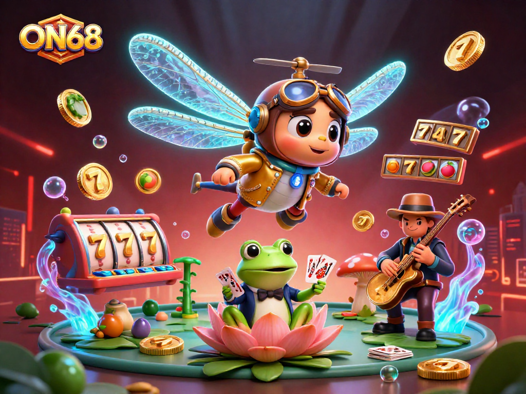 Win big at ON68 with this vibrant 3D casino scene featuring a dragonfly pilot, frog croupier, and jazzy cricket musicians.