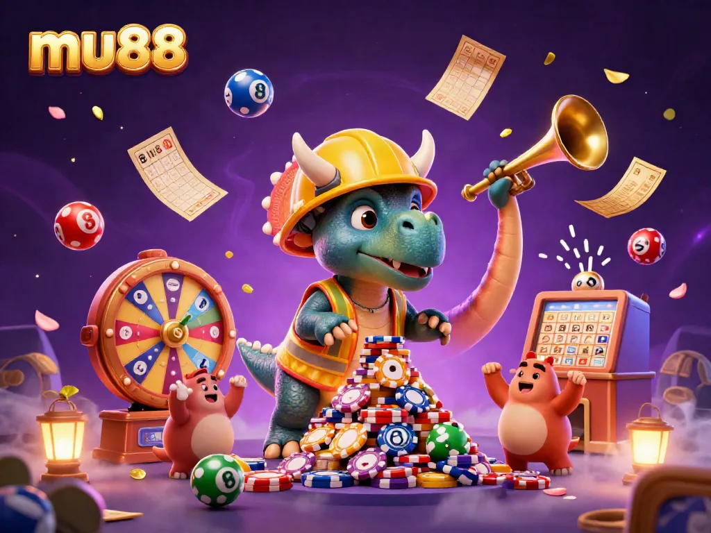 Experience the excitement at mu88 with a vibrant 3D scene showcasing casino elements and playful dinosaurs.
