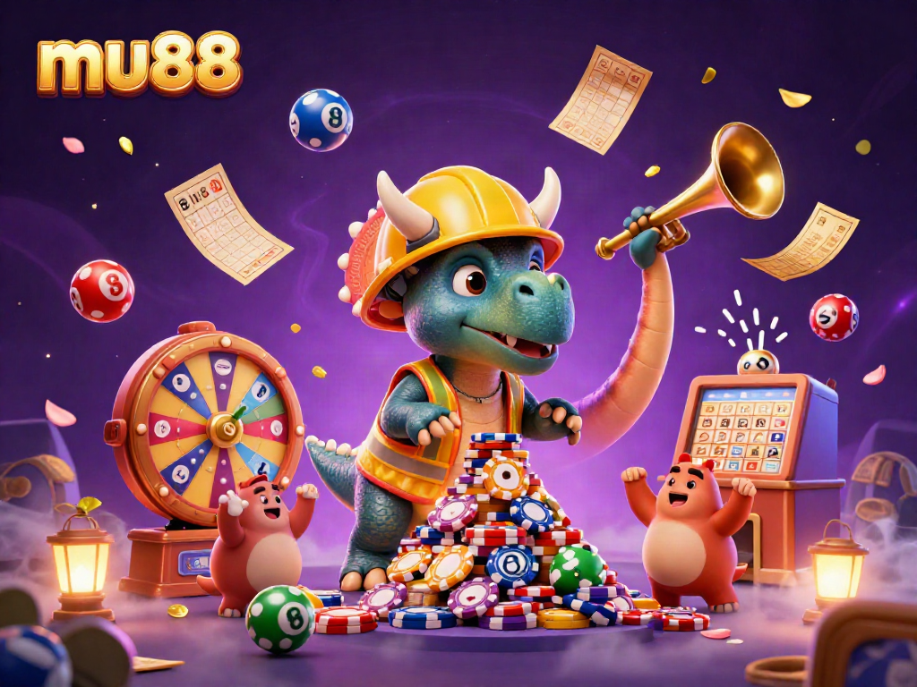 Experience the excitement at mu88 with a vibrant 3D scene showcasing casino elements and playful dinosaurs.