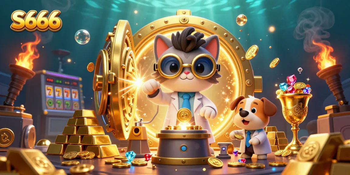 Engage with S666's vibrant casino atmosphere featuring a playful scene with a mad scientist cat and dog amidst golden treasure elements.
