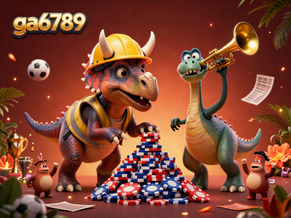 Engage with ga6789's vibrant casino universe featuring lively triceratops and parasaurolophus amid dynamic sports betting elements.