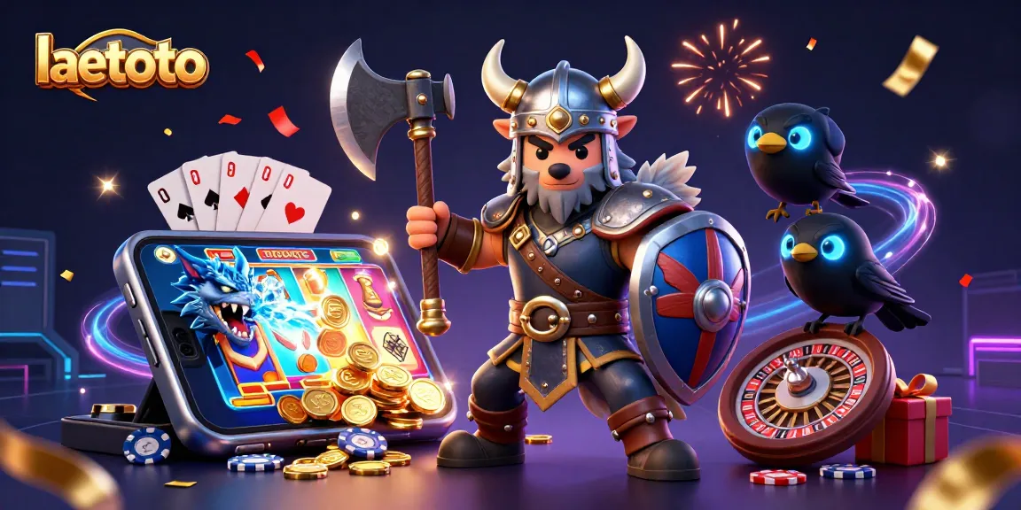 Experience the excitement of laetoto with vibrant gaming action featuring a cartoon Viking warrior, dragon, and enhanced slot elements.