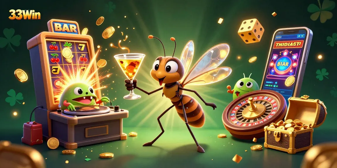 33Win's vibrant casino mascot and lively gaming elements fill the scene, showcasing excitement.