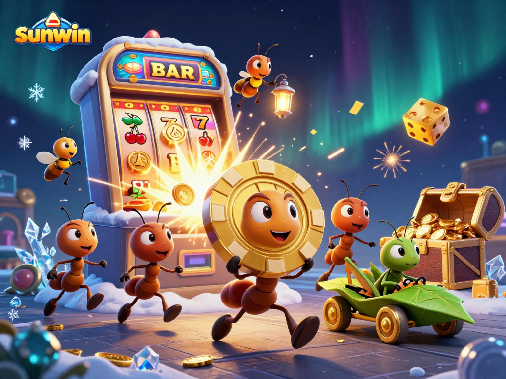 Experience the thrill of sunwin with ants heisting a giant poker chip amidst a vibrant casino explosion!