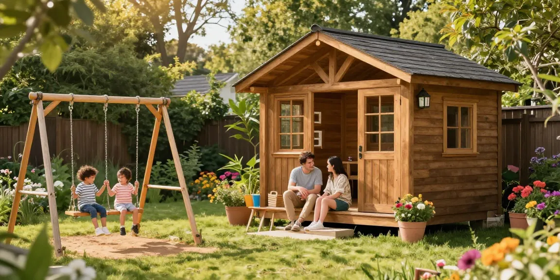 Familie genießt Zeit im Garten mit einem stabilen Gartenhaus Holz im Hintergrund.
