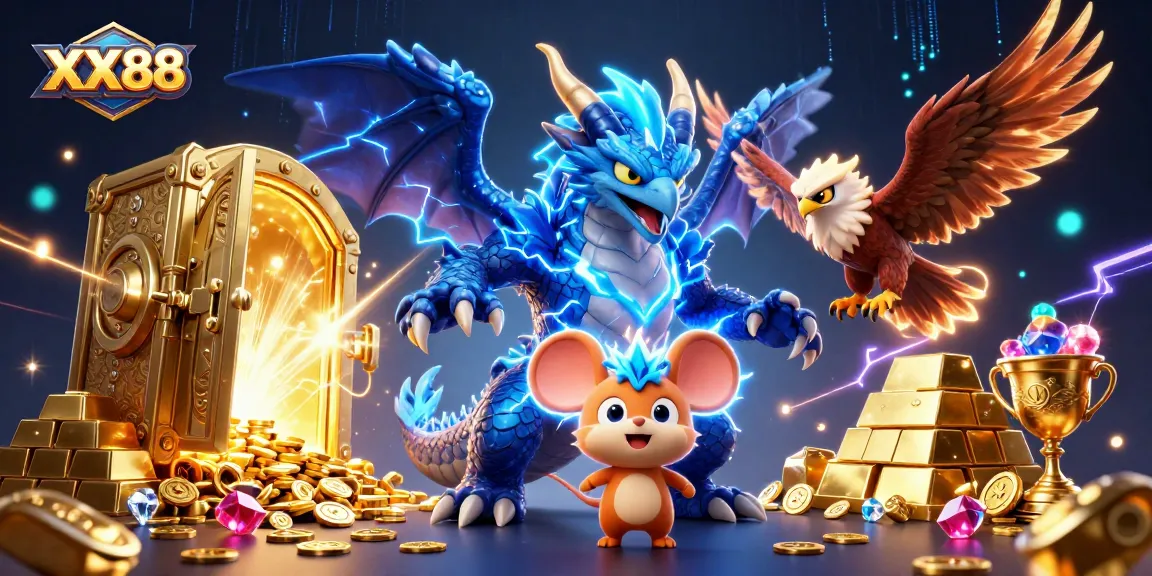 Win big at XX88 with a thrilling 3D illustration of rewards and fantasy elements.
