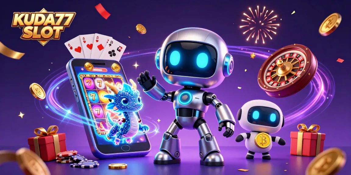 Berinteraksi dengan KUDA77 SLOT, robot cyberpunk dan drone, sambil merayakan kemenangan di dunia slot online.