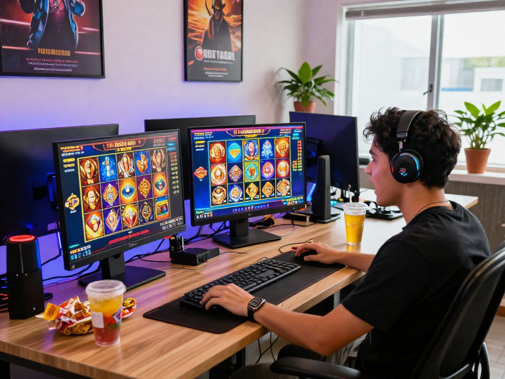 Player enjoying judi slot gacor games in a vibrant, energetic home gaming setup.