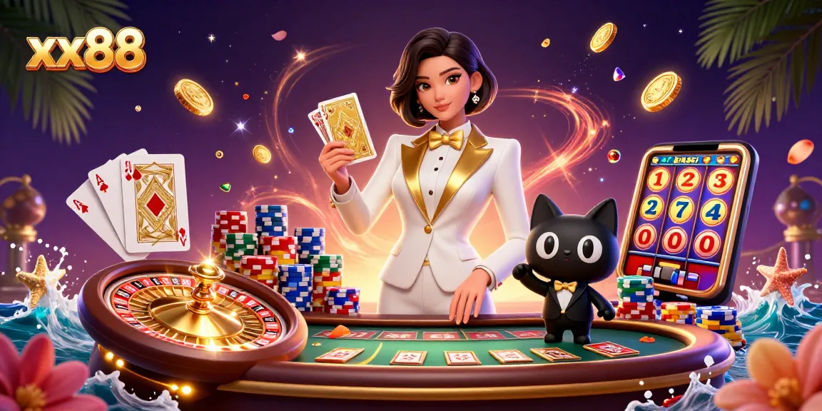 Experience excitement at xx88 with a glamorous casino scene featuring a woman shuffling cards and vibrant game elements.