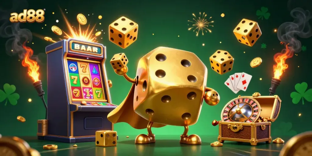 Experience the vibrant world of ad88 with a fantastical 3D casino scene bursting with golden elements and exciting game symbols.