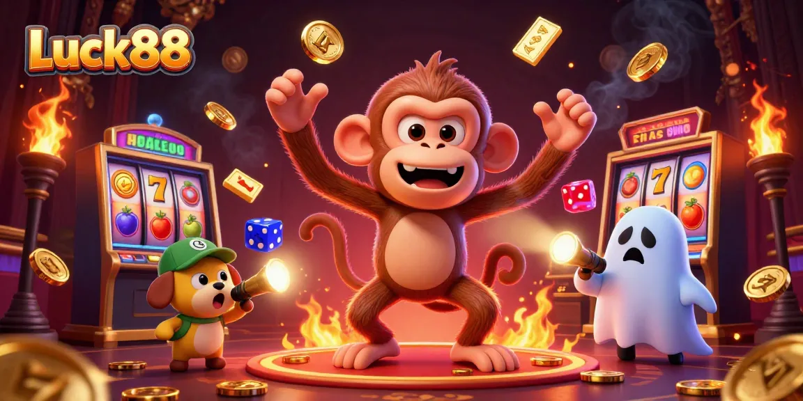 Experience Luck88 in action with a dynamic slot game scene featuring playful characters and golden treasures.