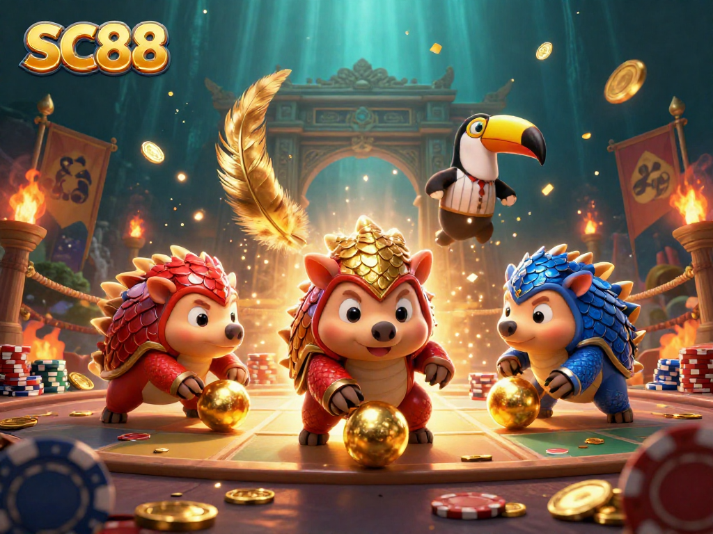 Experience thrilling gambling action with SC88's vibrant illustrated pangolins on a dynamic gaming stage.