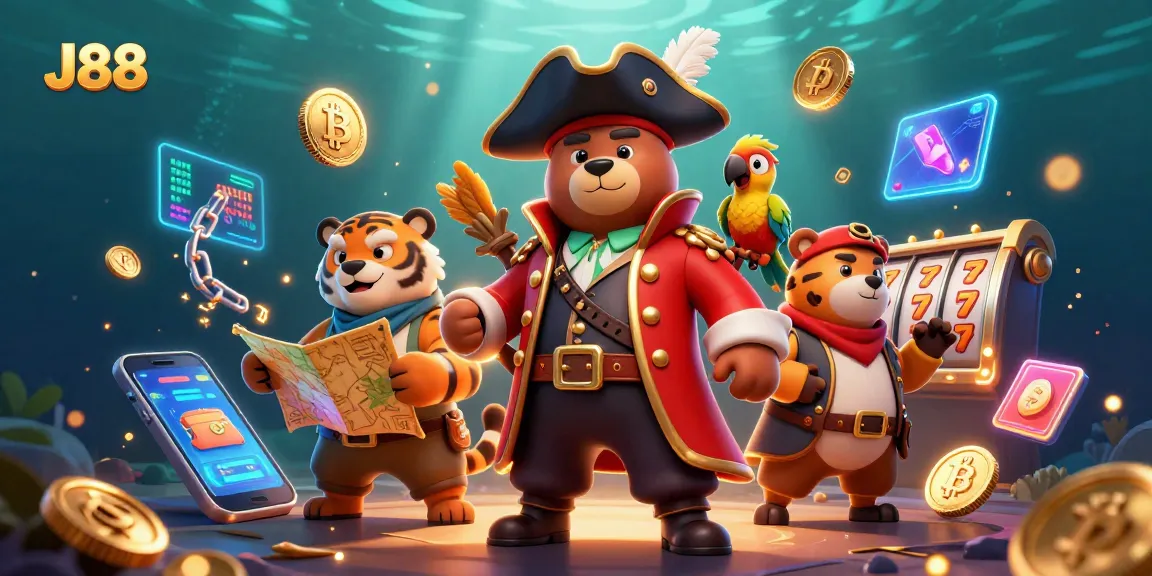 J88 pirates earn crypto rewards with slot games and dynamic betting elements in a vibrant scene.