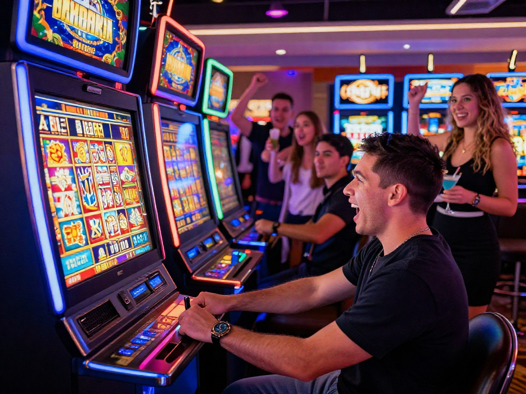 Player celebrating a slot jackpot win in a lively casino atmosphere.