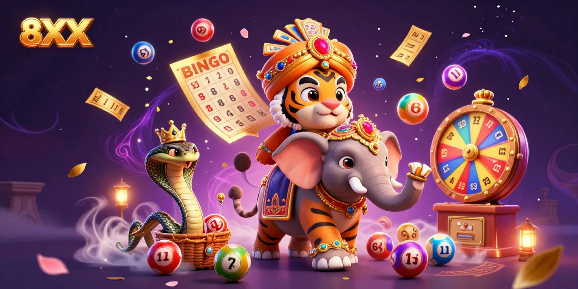 Engage in thrilling gameplay with the vibrant 8XX-themed festive illustration showcasing dynamic lottery elements.