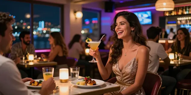 Izmir escort bayan enjoying the vibrant nightlife in Karşıyaka, surrounded by colorful lights and lively bar atmosphere.
