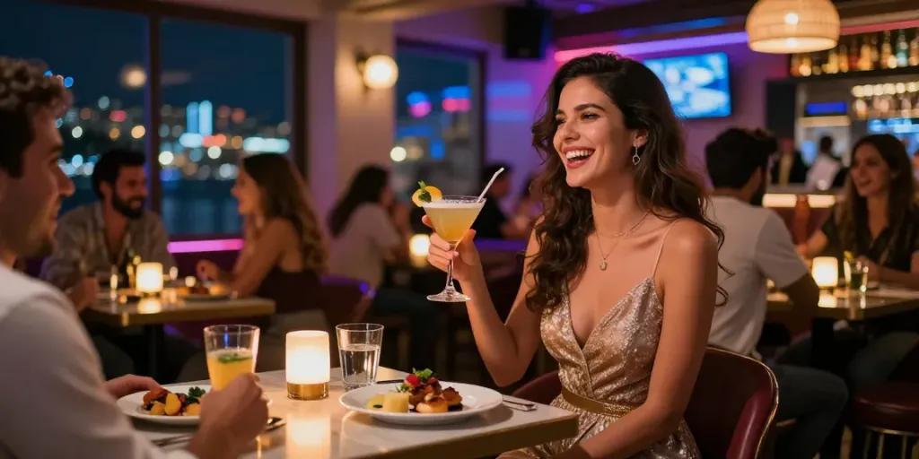 Izmir escort bayan enjoying the vibrant nightlife in Karşıyaka, surrounded by colorful lights and lively bar atmosphere.