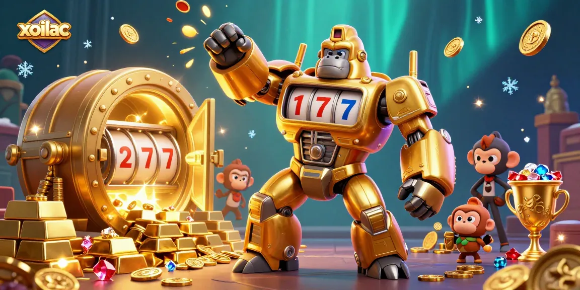 Xoilac delivers a thrilling jackpot experience with golden gorilla mech, spinning reels, and treasure bursts.
