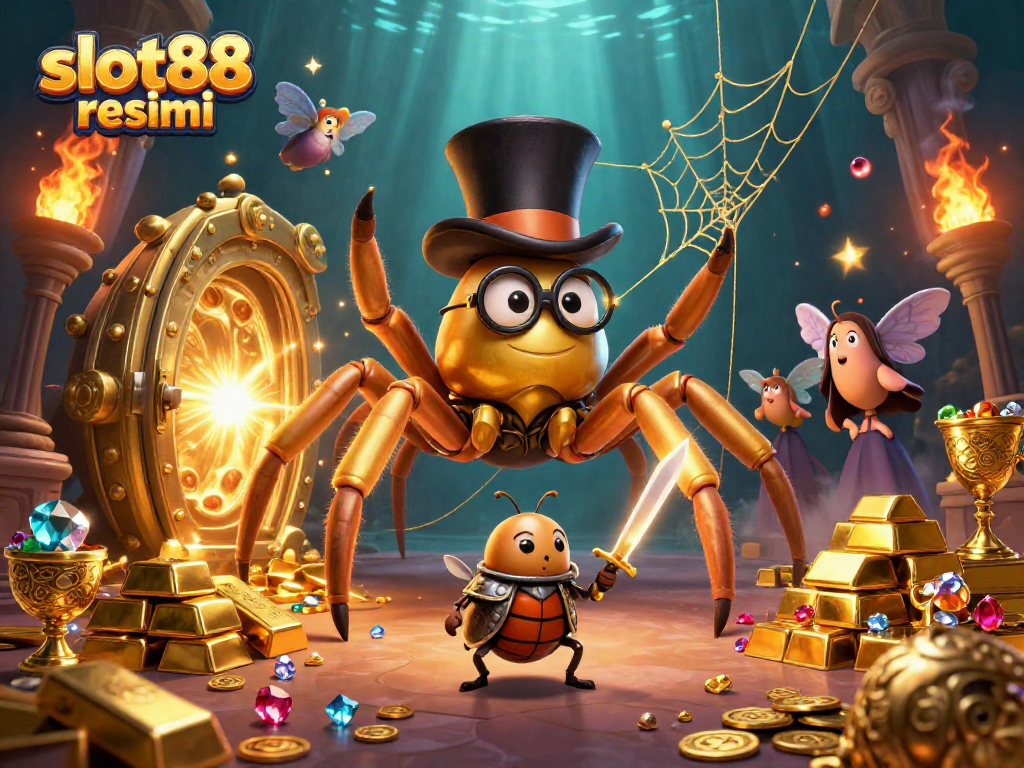 Engage with slot88 resmi through a vibrant scene of a golden tarantula and beetle knight in a casino adventure.