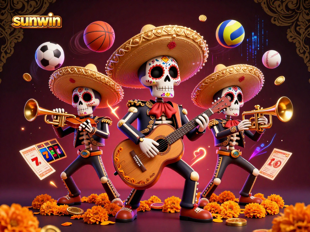 Experience vibrant casino excitement with the sunwin mariachi band in 3D, surrounded by dynamic slot gameplay elements.