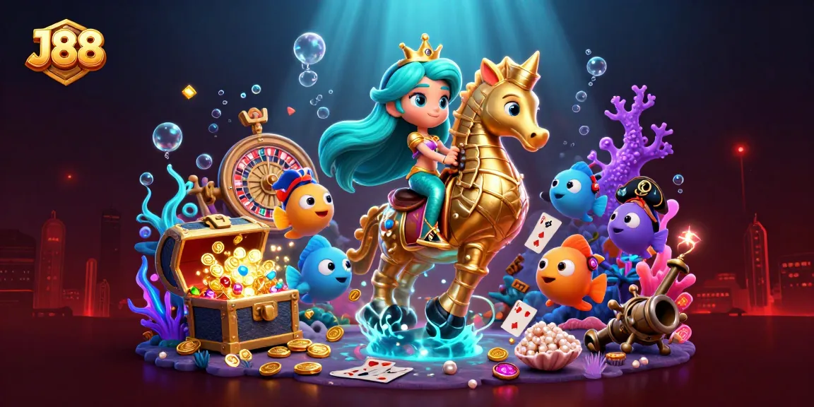 Experience thrilling gameplay at J88 with vibrant 3D characters and casino elements in an underwater scene.