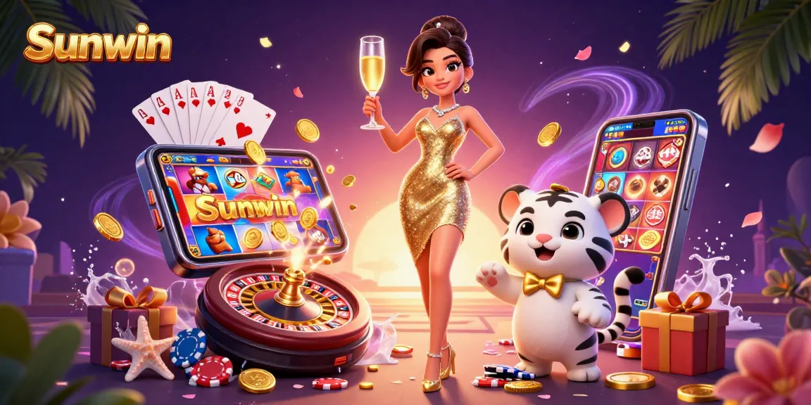 Play exciting games at Sunwin with a glamorous woman and lucky tiger cub in a vibrant casino scene.