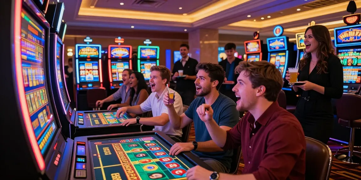 Excited players celebrating a slot jackpot at a vibrant casino.