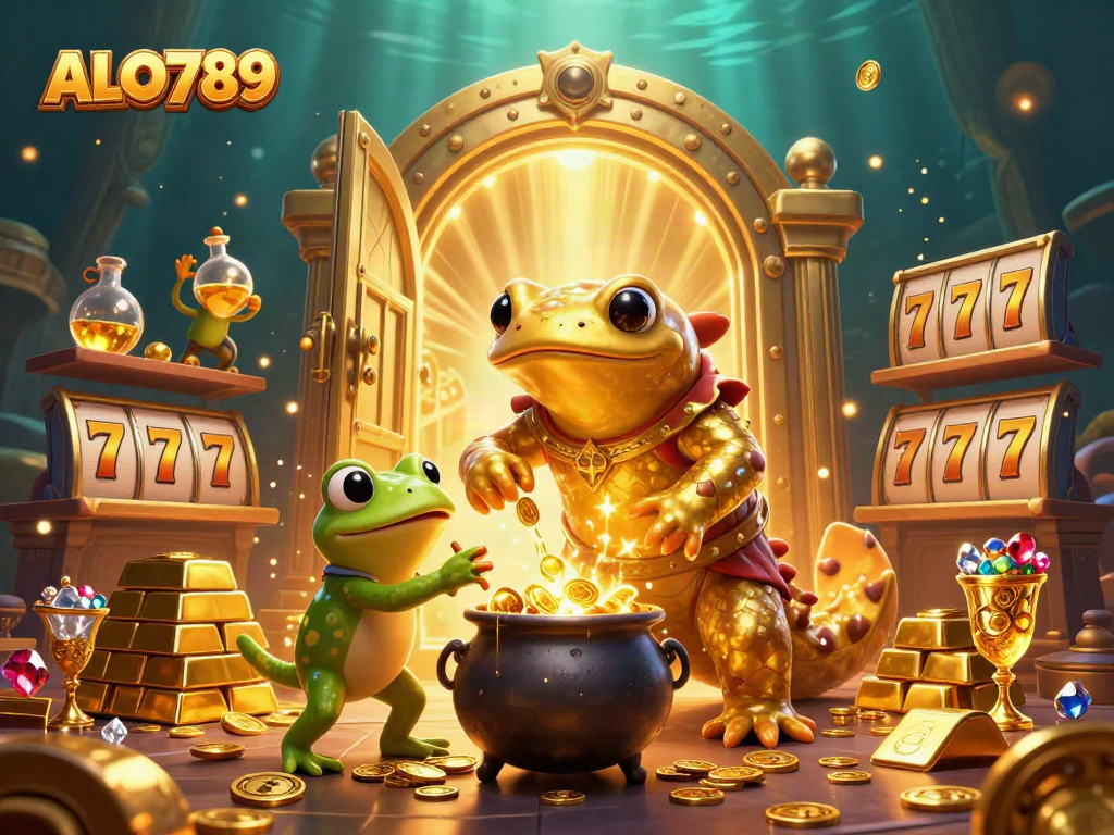 Discover the exciting features of ALO789, showcasing a vibrant casino-themed scene full of treasures and magical elements.