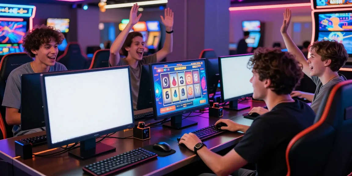 Diverse group enjoying a judi slot game with vibrant neon lights in a casino atmosphere, capturing excitement and energy.