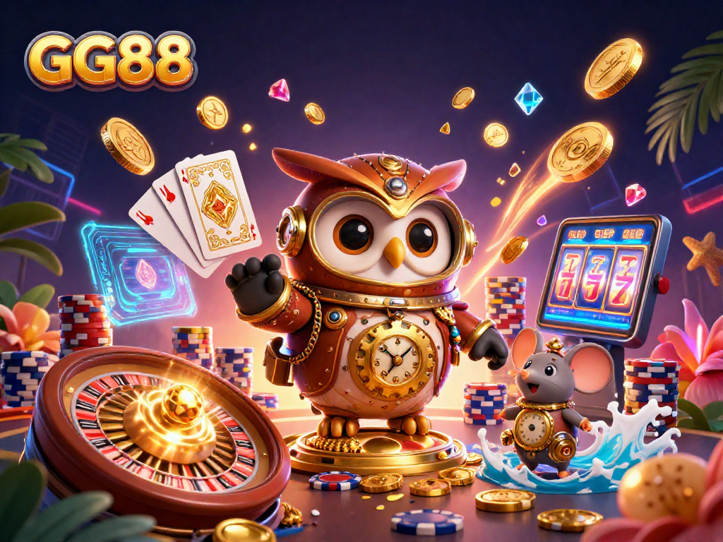 GG88 players winning big amidst golden coins, roulette wheels, and vibrant casino elements.