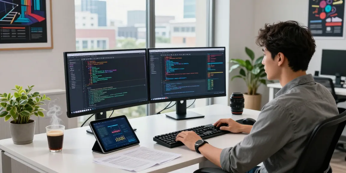 Motchill software developer in a modern workspace coding on dual monitors with coffee and plant.