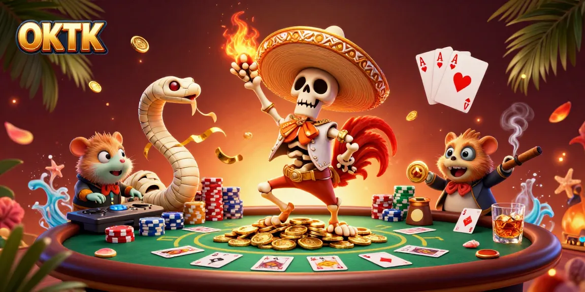 Experience the excitement of OKTK with a vibrant 3D casino illustration featuring a dancing mariachi rooster.