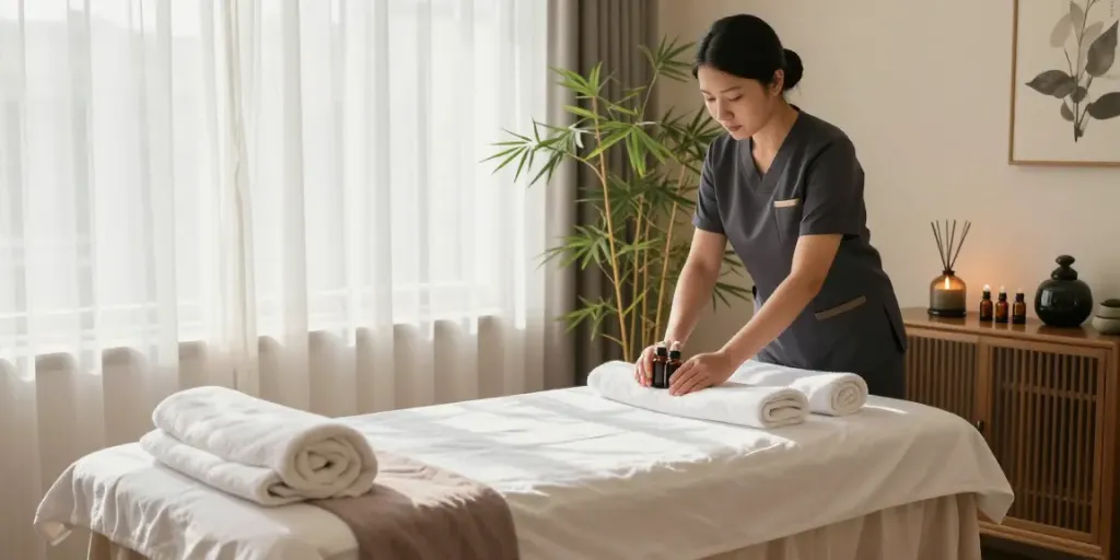 Inviting massage therapy room with essential oils, highlighting 일산출장마사지 services.