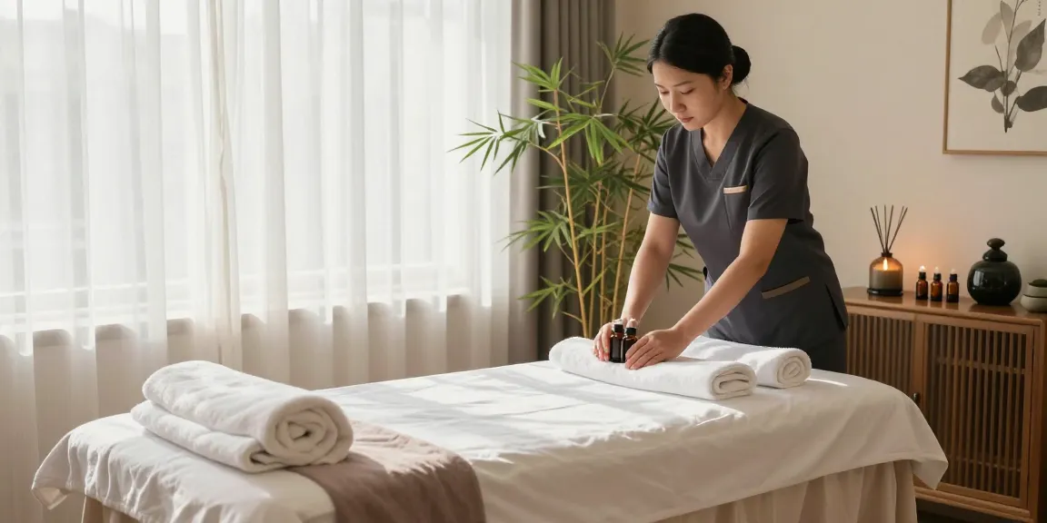 Inviting massage therapy room with essential oils, highlighting 일산출장마사지 services.