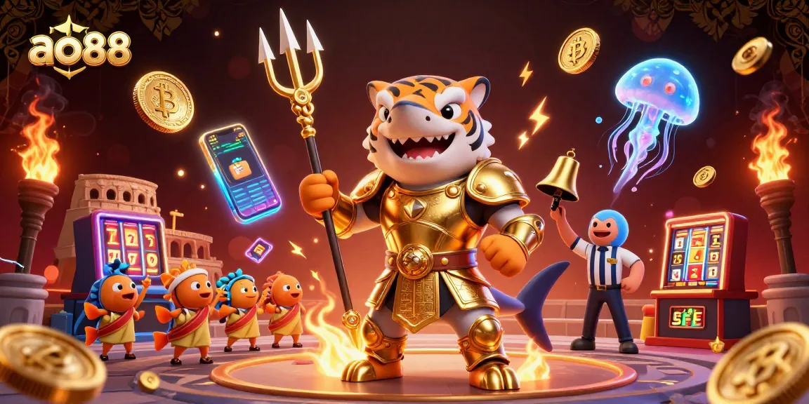 Experience thrilling underwater action in ao88 featuring a gladiator shark, cryptocurrency elements, and casino fun.