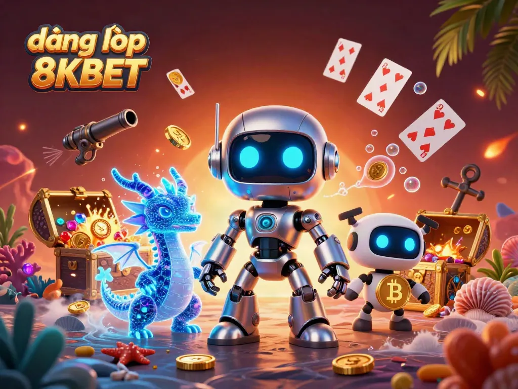 Experience the excitement of đăng nhập 8KBET with a vibrant 3D illustration featuring a cyberpunk robot and treasures