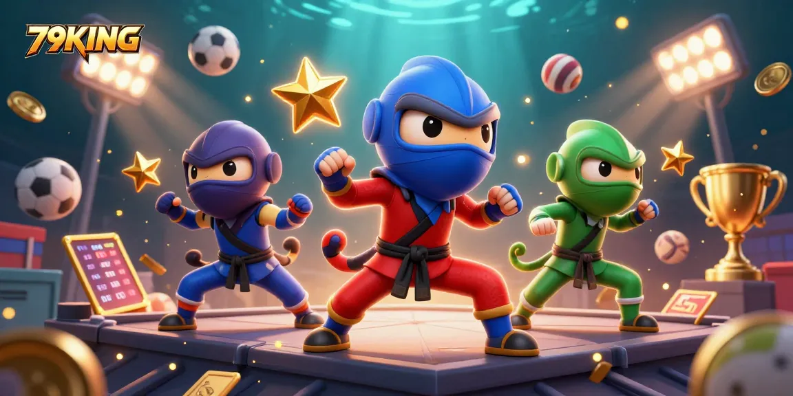 Experience thrilling gaming with 79KING's vibrant illustration of a ninja chameleon team amidst dynamic sports elements.